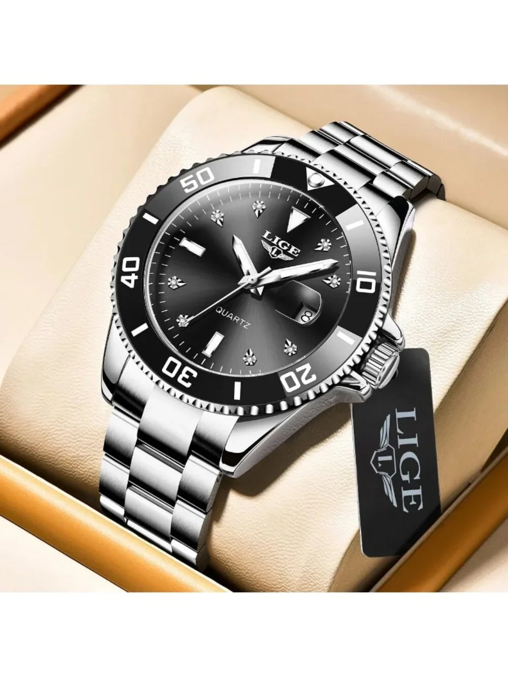 Men's Silver Black Quartz Analog Stainless Steel Waterproof Date Wrist Watch